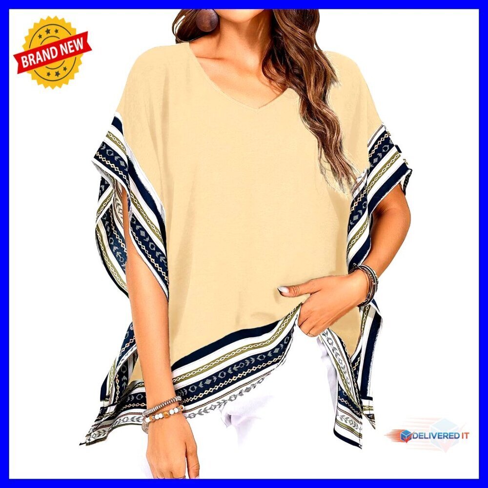 Women's V-Neck Batwing Sleeve Floral Boho Top Loose Fit Side Slit Blouse